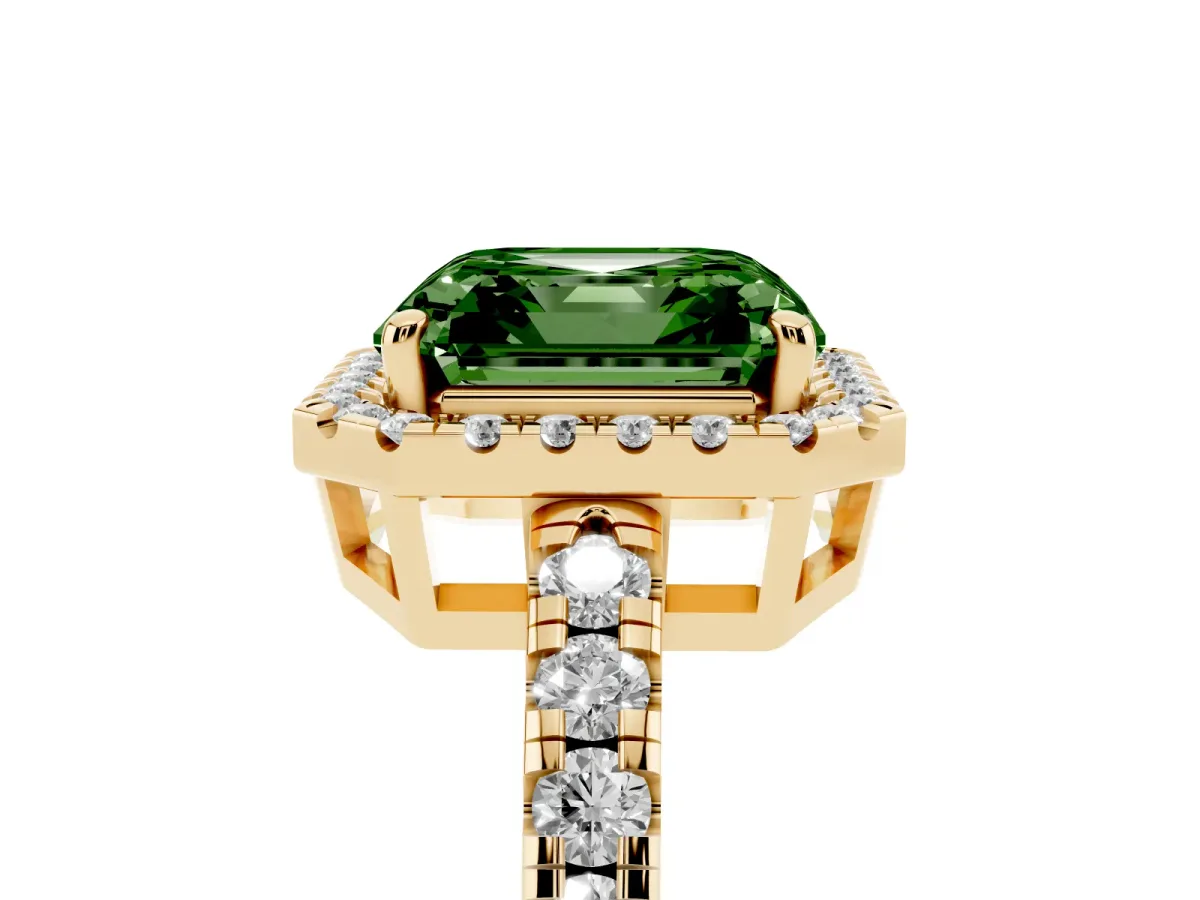 Fancy Green Asscher Cut Diamond Halo Ring with Pavé Band and Four-Prong Setting Yellow gold