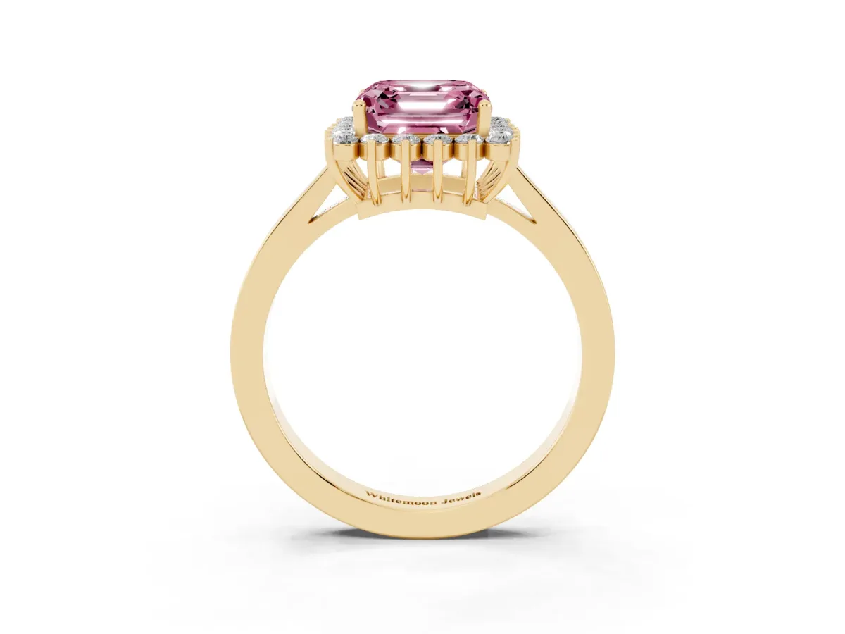 Fancy Pink Asscher Cut Cut Diamond Halo Ring with Round Brilliant Halo and Solitaire Band Yellow gold