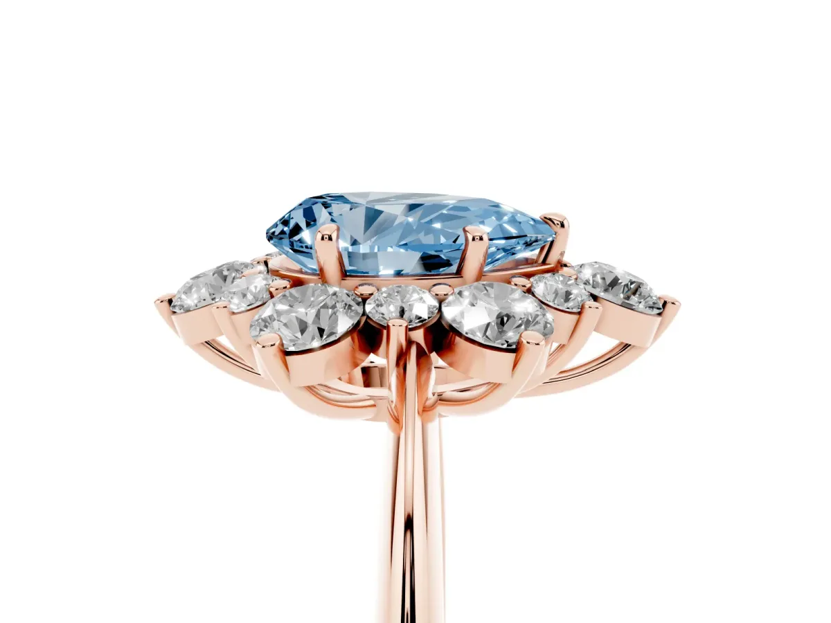 Fancy Blue Pear Cut Diamond Cluster Halo Ring with Solitaire Band and Four-Prong Setting Rose gold