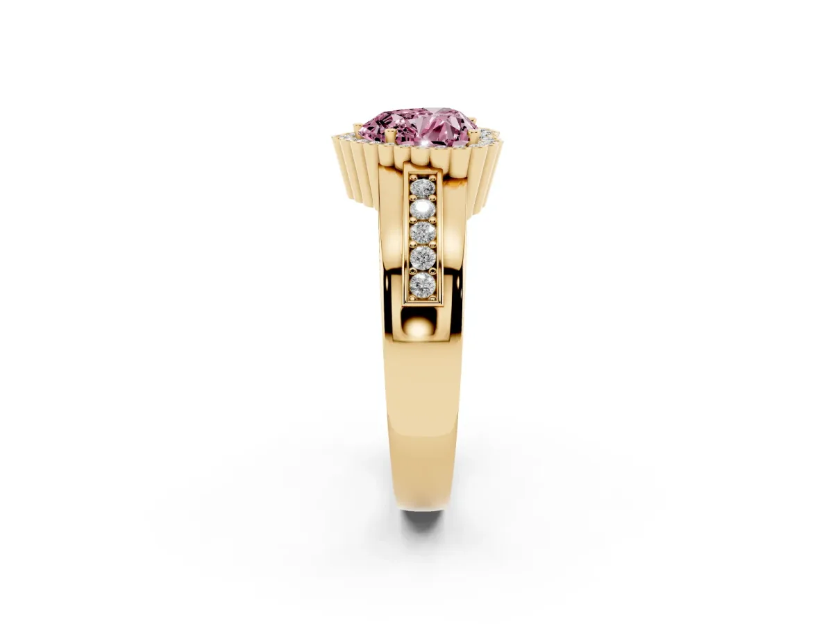 Fancy Pink Heart Cut Cut Halo Pave Band Four-Prong Ring Yellow gold