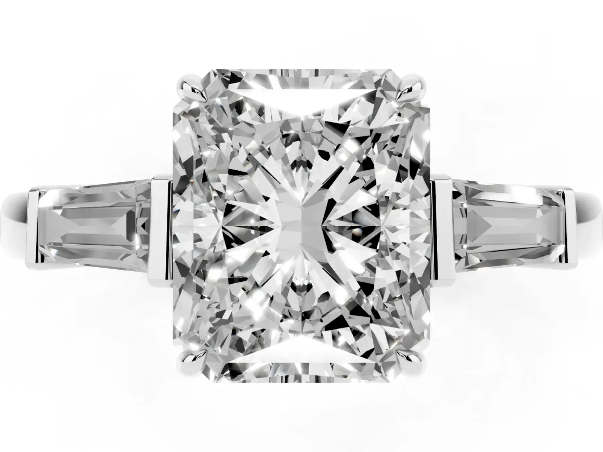 Radiant Cut Diamond Three-Stone Ring with Tapered Baguette Side Stones and Prong Setting White gold