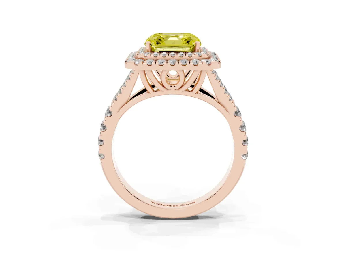 Fancy Yellow Asscher Cut Cut Double Halo Split Shank Diamond Ring with Prong Setting Rose gold