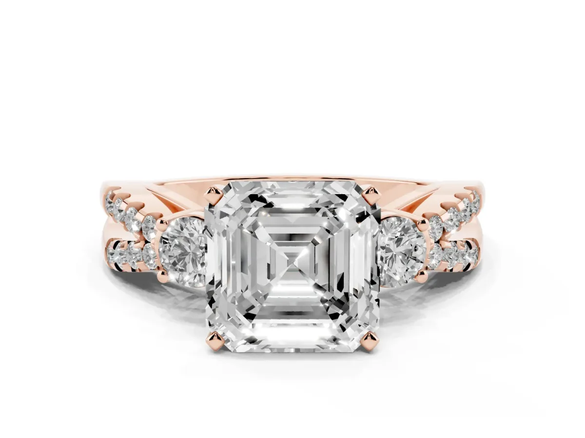Asscher Cut Diamond Three-Stone Ring with Pavé Split Shank and Four-Prong Setting Rose gold