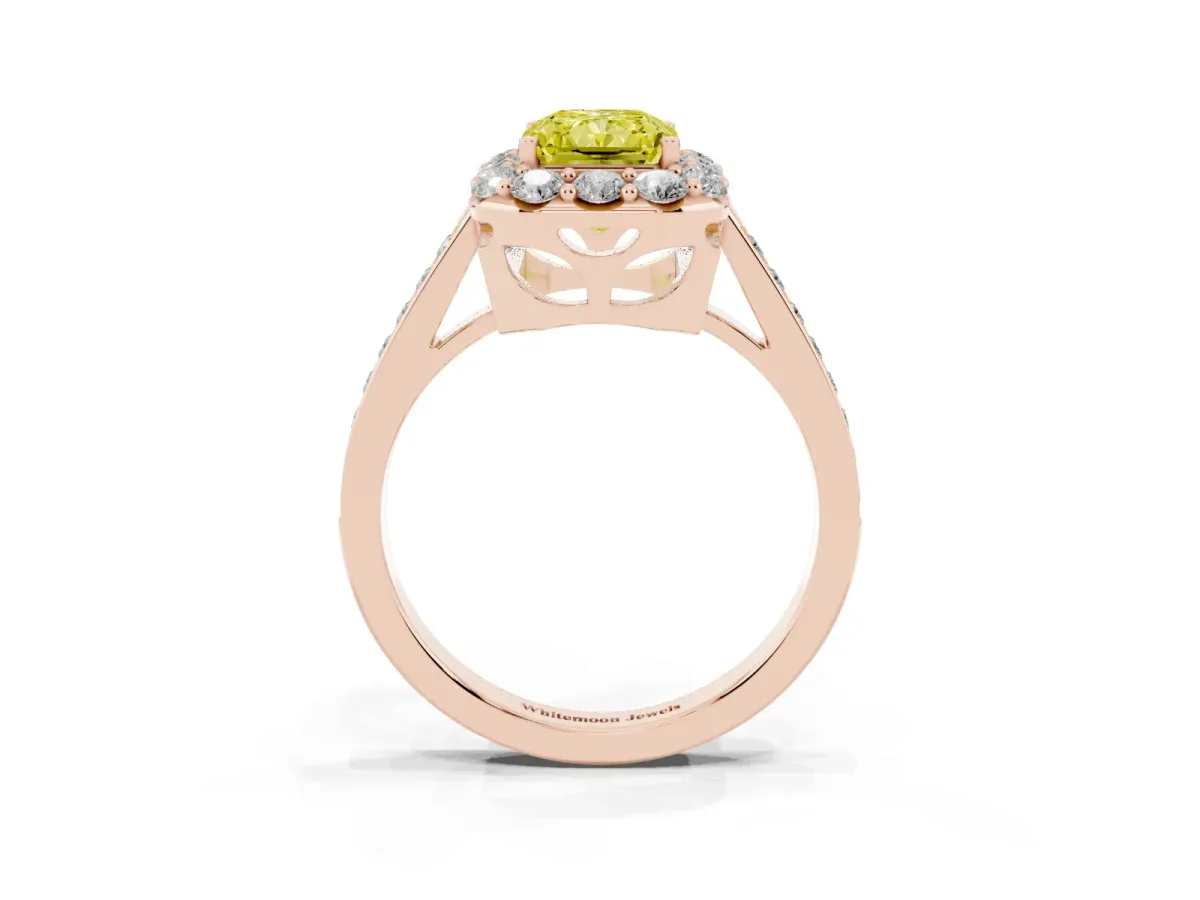 Fancy Yellow Radiant Cut Diamond Floral Halo Ring with Pavé Band and Prong Setting Rose gold