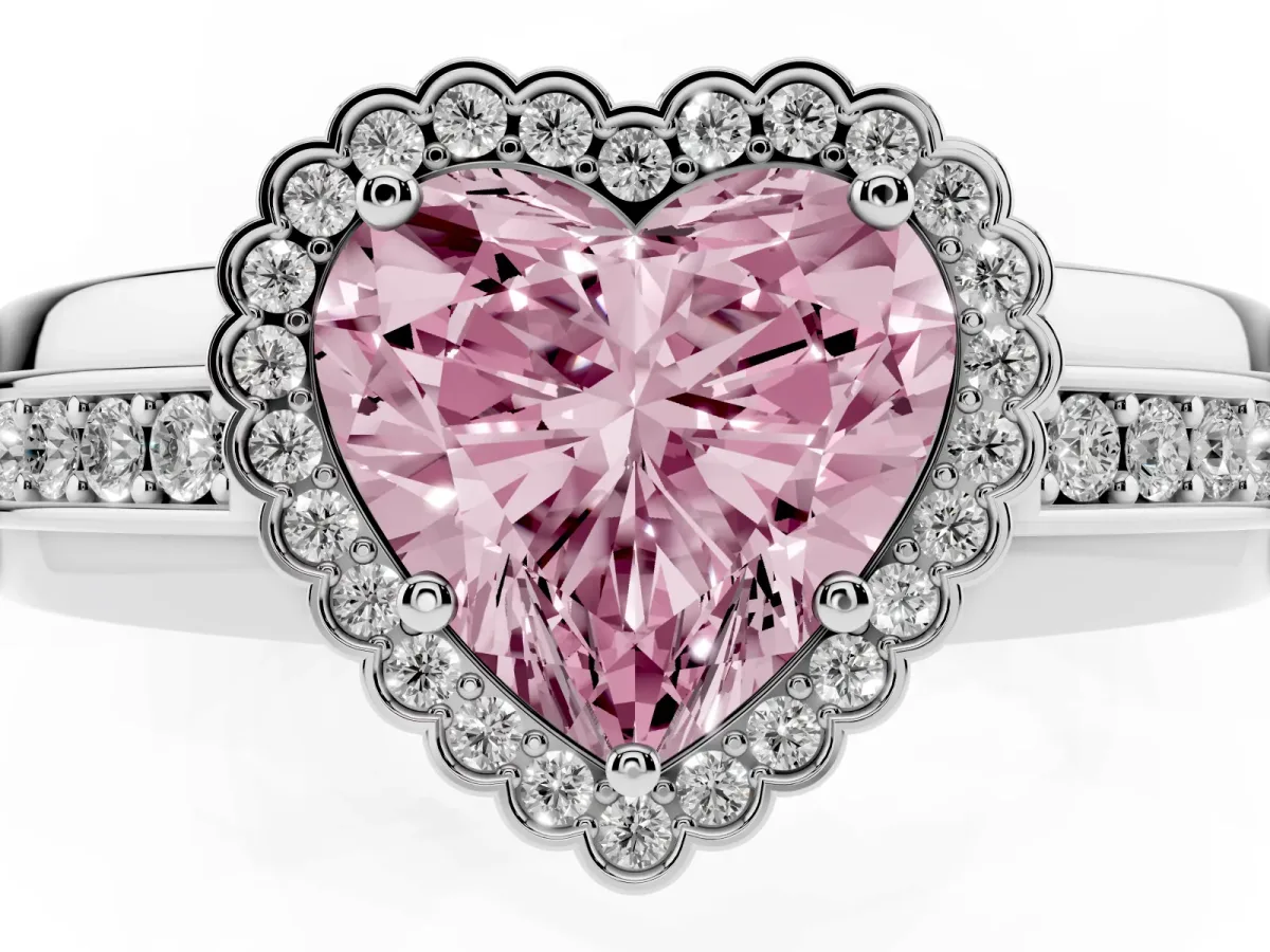 Fancy Pink Heart Cut Cut Halo Pave Band Four-Prong Ring Silver