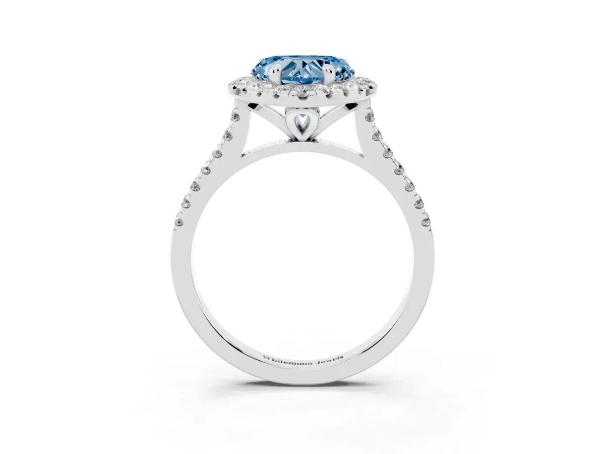Fancy Blue Heart Cut Diamond Cushion Halo Ring with Pavé Band Silver