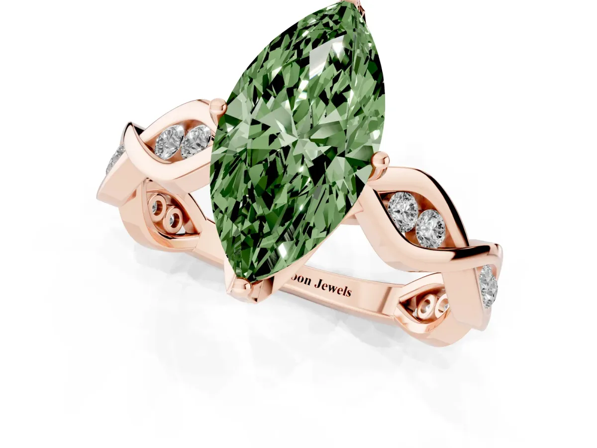 Fancy Green Marquise Cut Solitaire Twist Band with Leaf Prong Setting Rose gold