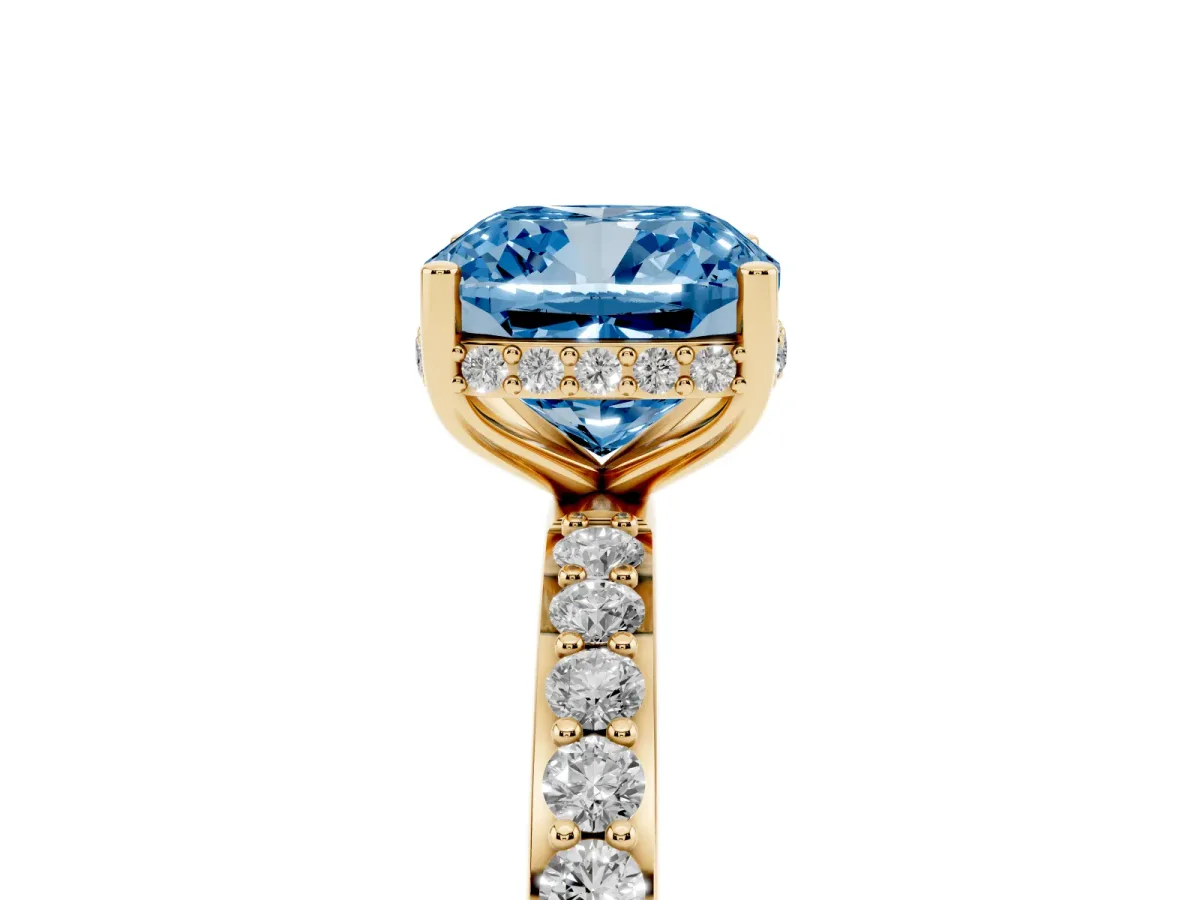 Fancy Blue Cushion Cut Diamond Solitaire Ring with Pavé Band and Hidden Halo Yellow gold