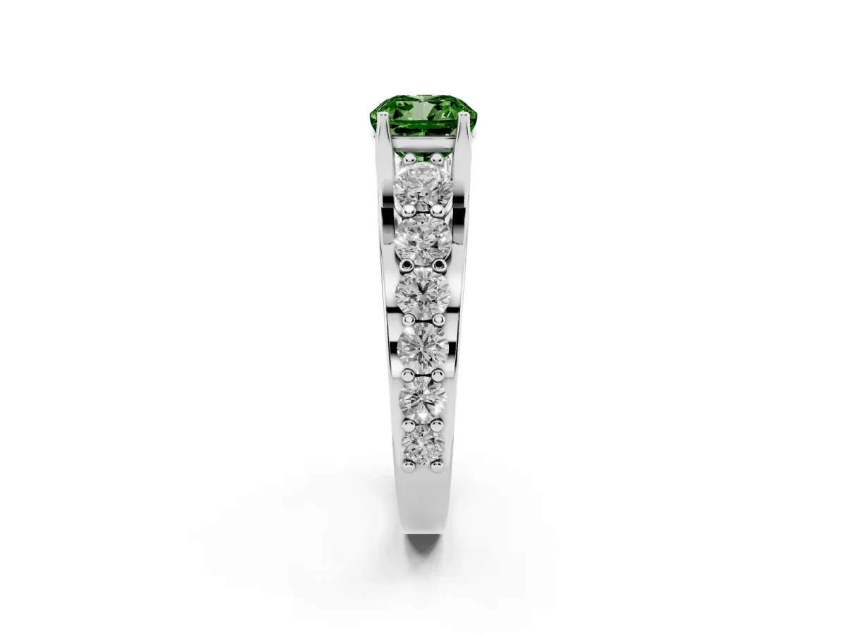 Fancy Green Cushion Cut Diamond Engagement Ring with Pavé Band and Four-Prong Setting Platinum