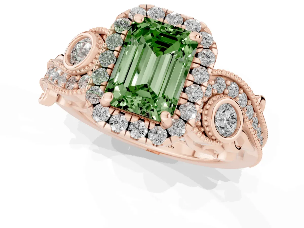 Fancy Green Emerald Cut Diamond Halo Ring with Milgrain Pavé Band and Four-Prong Setting Rose gold