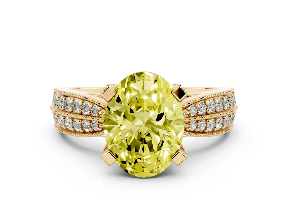 Fancy Yellow Oval Cut Diamond Solitaire Ring with Milgrain Round Pavé Band and Prong Setting Yellow gold