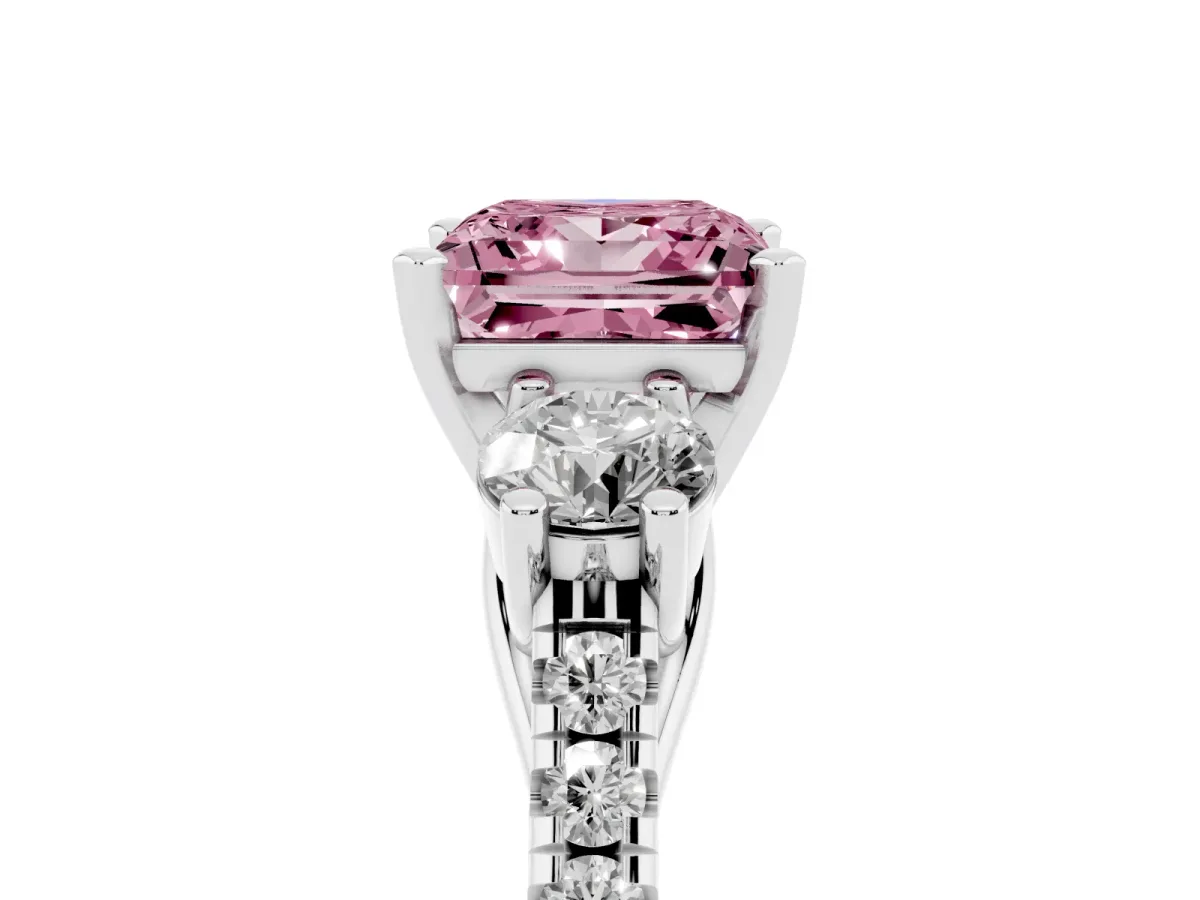 Fancy Pink Three-Stone Princess Cut Diamond Pavé Band with Four-Prong Setting Silver