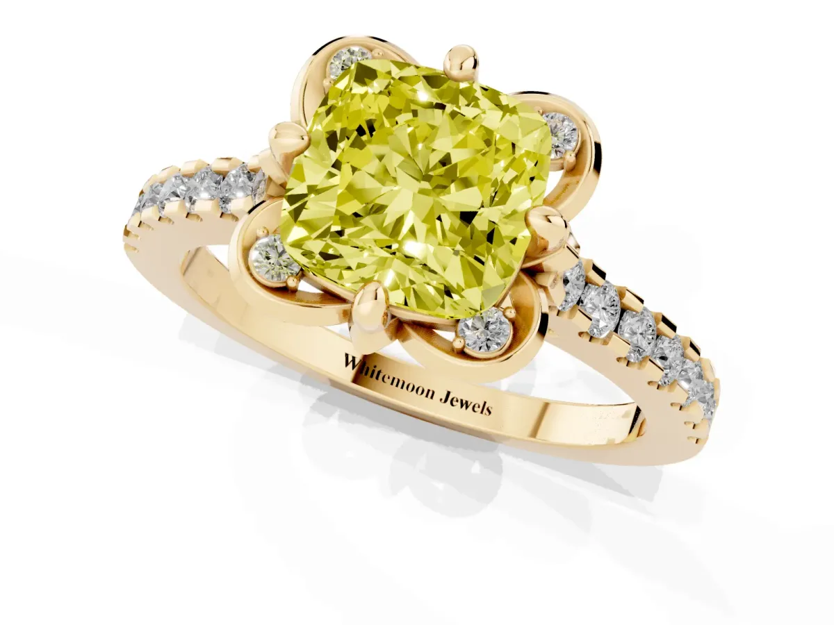 Fancy Yellow Cushion Cut Diamond Ring with Pavé Band and Floral Prong Setting Yellow gold
