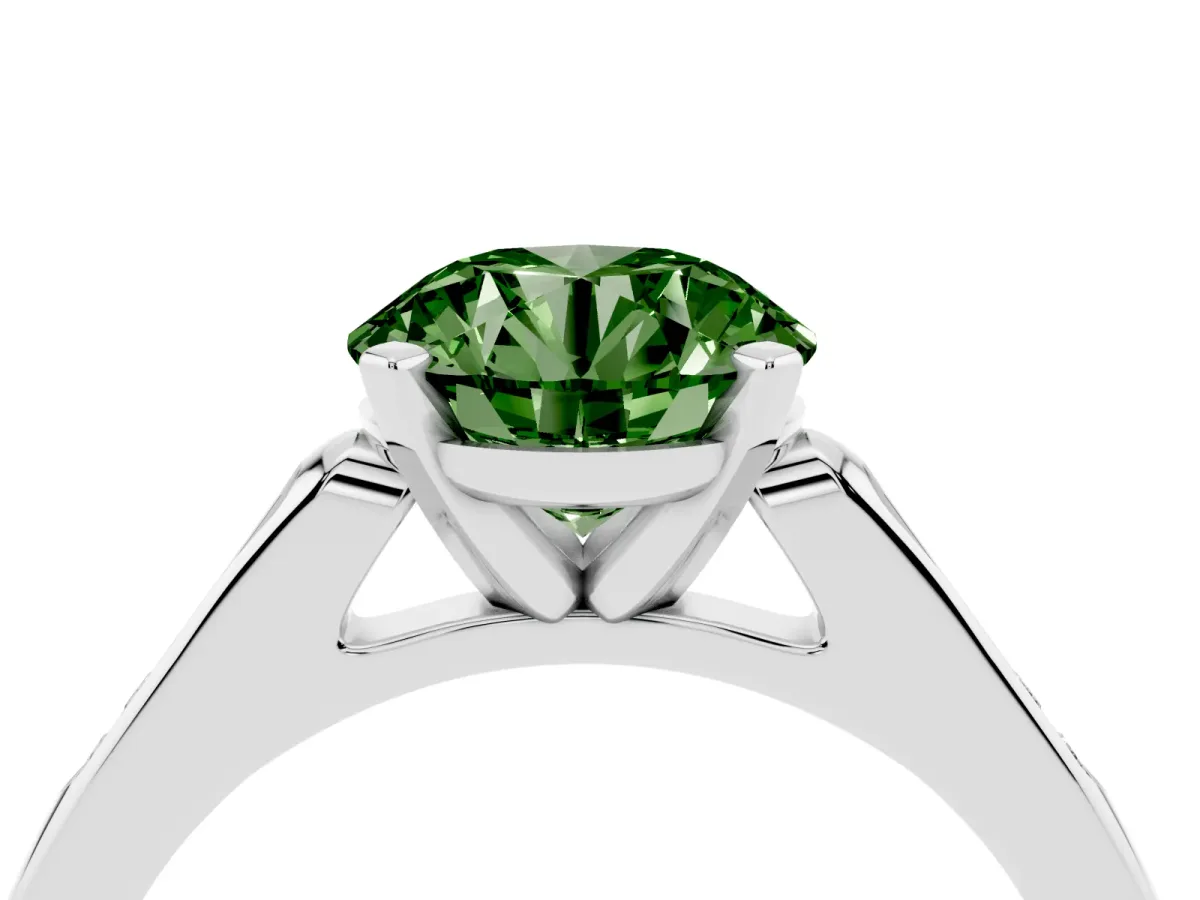 Fancy Green Round Cut Diamond Solitaire Ring with Channel Set Round Band and Prong Setting Silver