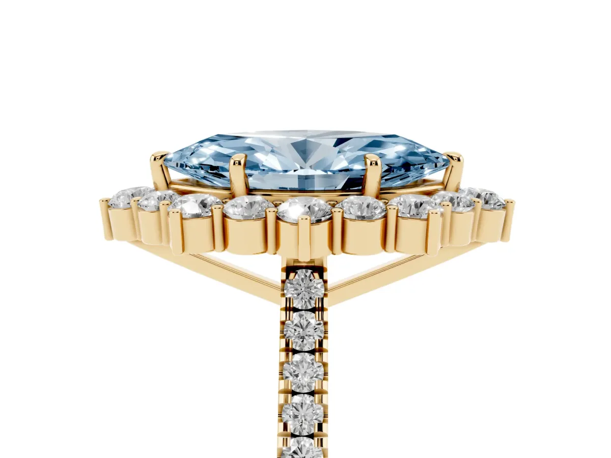 Fancy Blue Marquise Cut Halo Diamond Ring with Pavé Band and Prong Setting Yellow gold