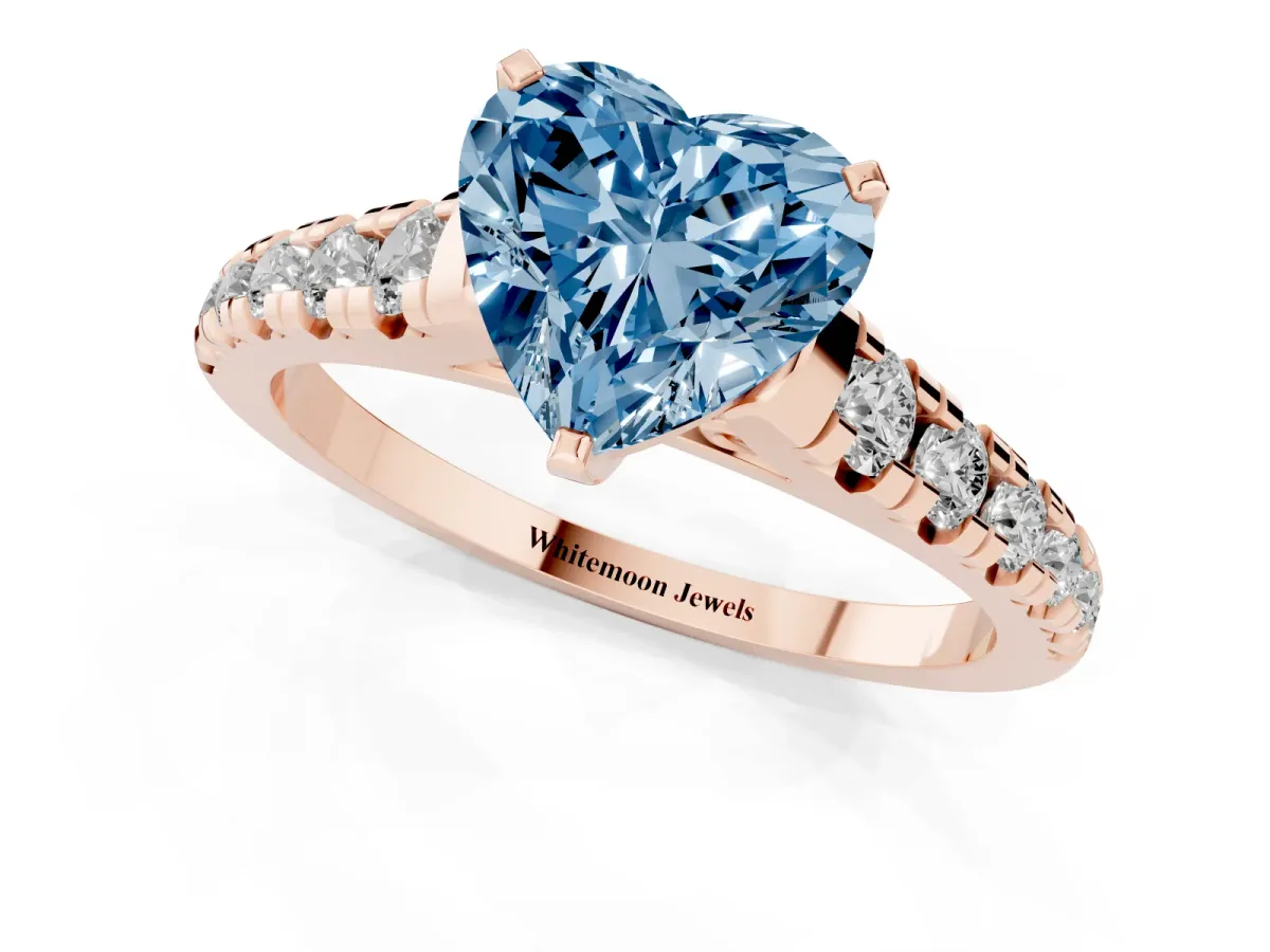 Fancy Blue Heart Cut Diamond Cathedral Solitaire Ring with Round Pavé Band Rose gold