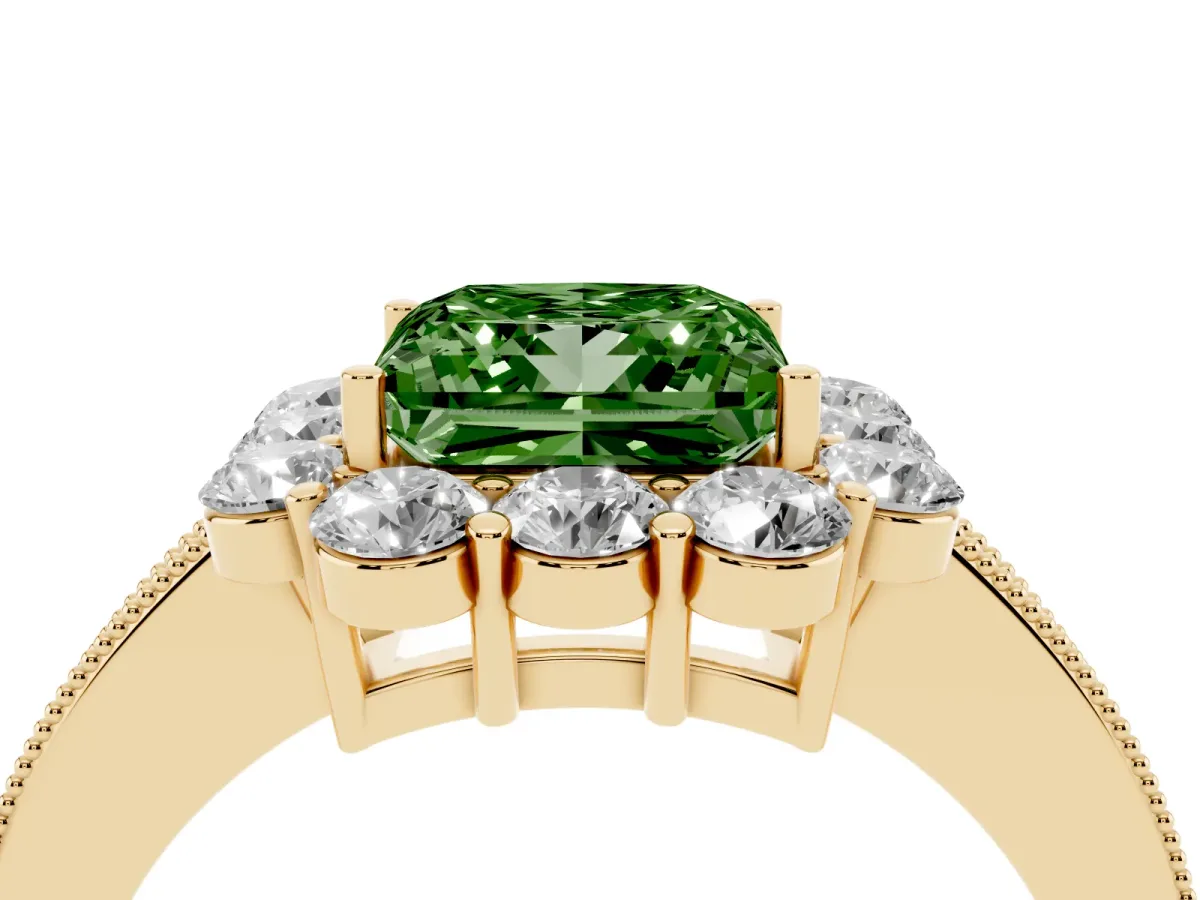 Fancy Green Princess Cut Cut Halo Diamond Pavé Engagement Ring with Milgrain Detailing Yellow gold