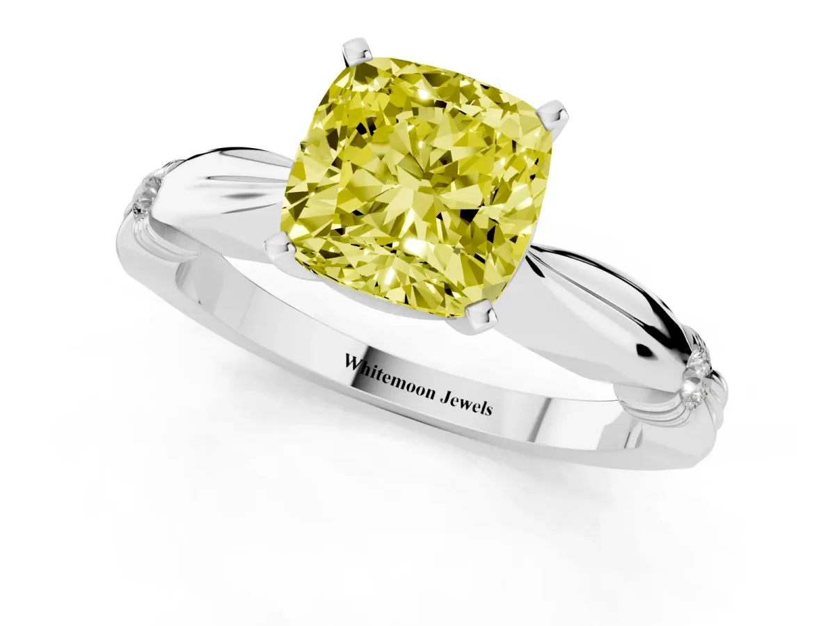 Fancy Yellow Cushion Cut Solitaire Diamond Twisted Band with Four-Prong Setting Silver