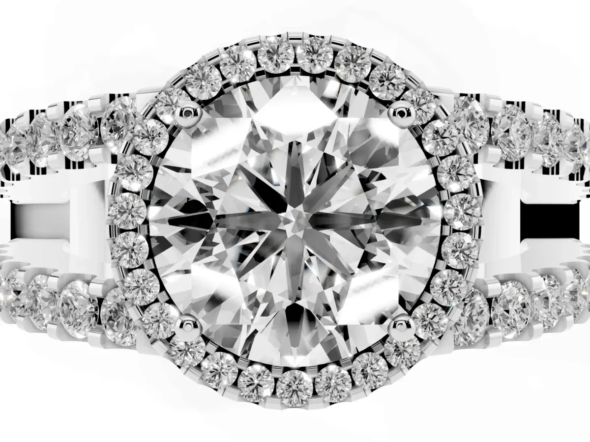 Round Cut Cut Halo Split Shank Diamond Ring with Four-Prong Setting Platinum