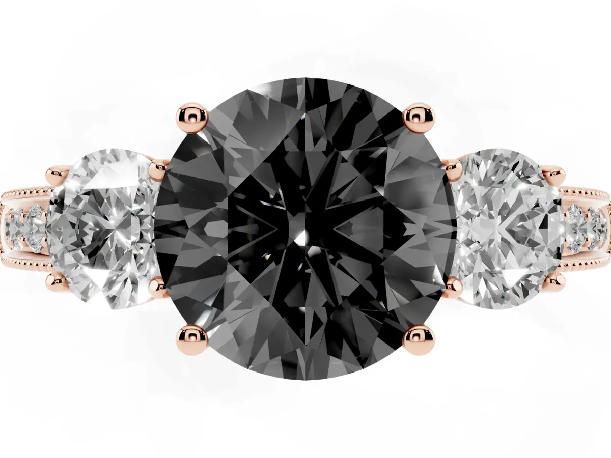 Fancy Black Round Cut Three-Stone Diamond Ring with Pavé Band and Four-Prong Setting Rose gold