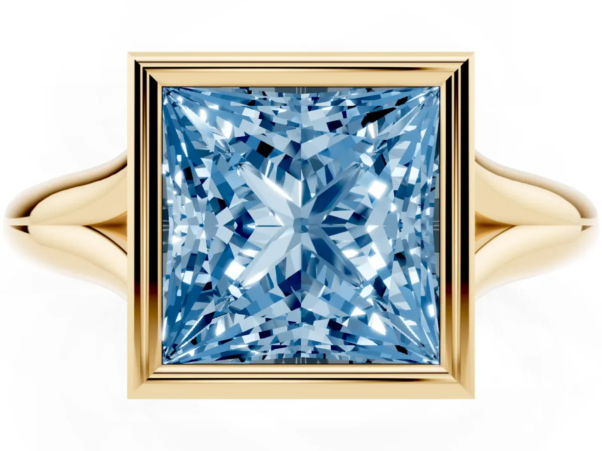 Fancy Blue Bezel Set Princess Cut Solitaire Diamond Ring with Smooth Band Yellow gold