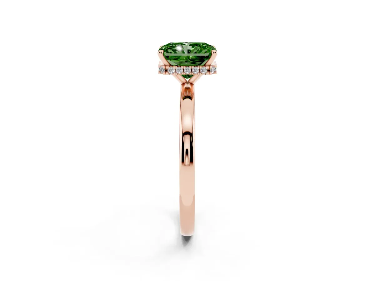 Fancy Green Radiant Cut Solitaire Engagement Ring with Cathedral Band and Four-Prong Setting Rose gold