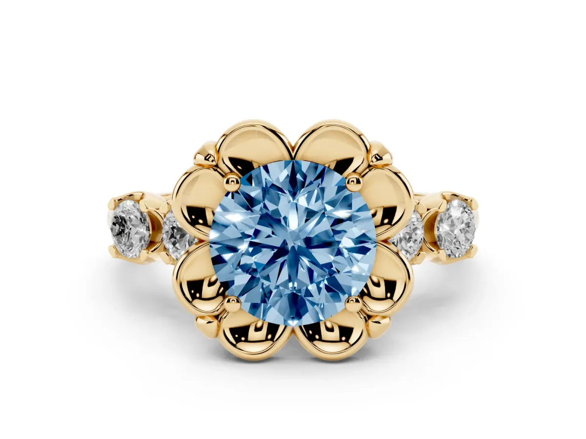 Fancy Blue Round Cut Cut Diamond Floral Halo Engagement Ring with Shared Prong Setting Yellow gold
