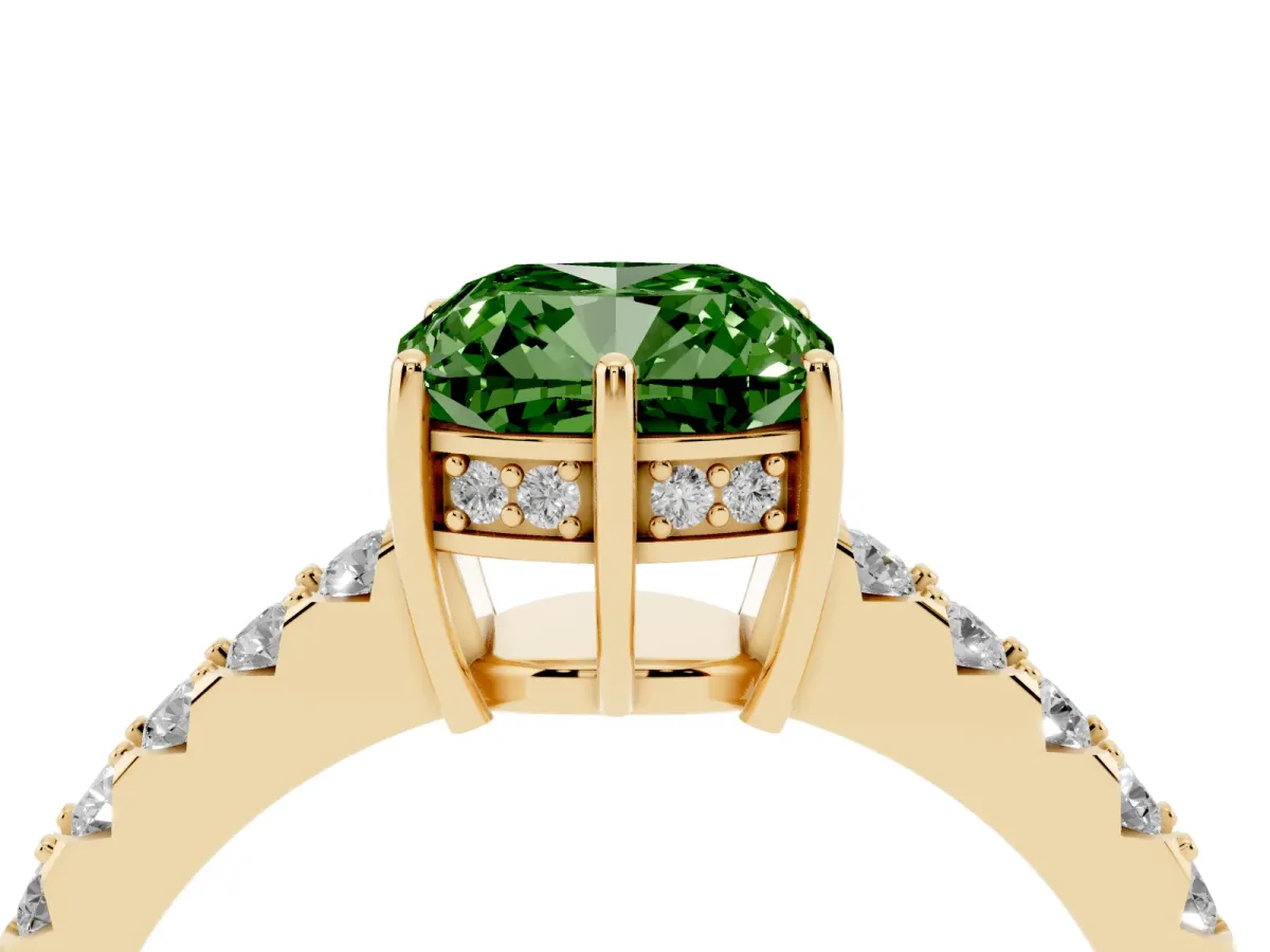 Fancy Green Cushion Cut Solitaire Diamond Engagement Ring with Pavé Band and Six-Prong Setting Yellow gold