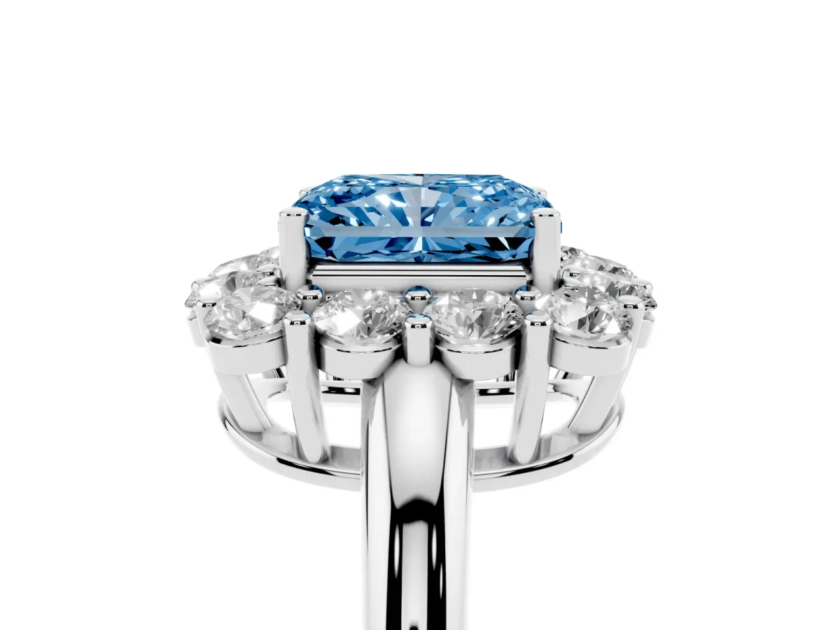 Fancy Blue Radiant Cut Halo Cluster Diamond Engagement Ring with Prong Setting and Polished Band Platinum