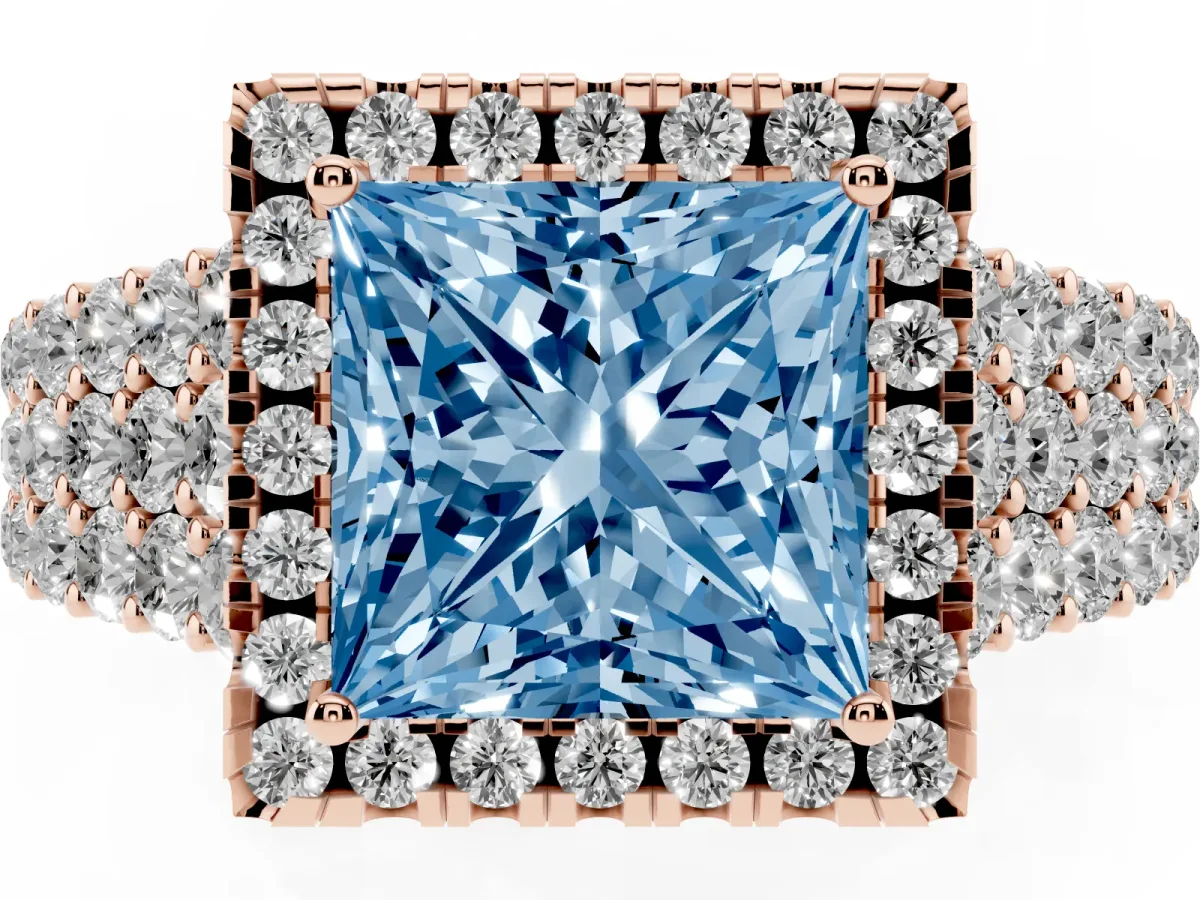 Fancy Blue Princess Cut Diamond Halo Engagement Ring with Triple Row Round Pavé Band and Prong Setting Rose gold