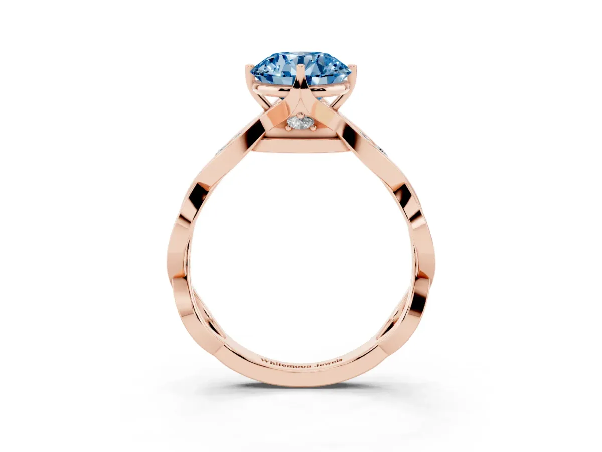 Fancy Blue Round Cut Solitaire Twist Band with Leaf Prong Setting Rose gold