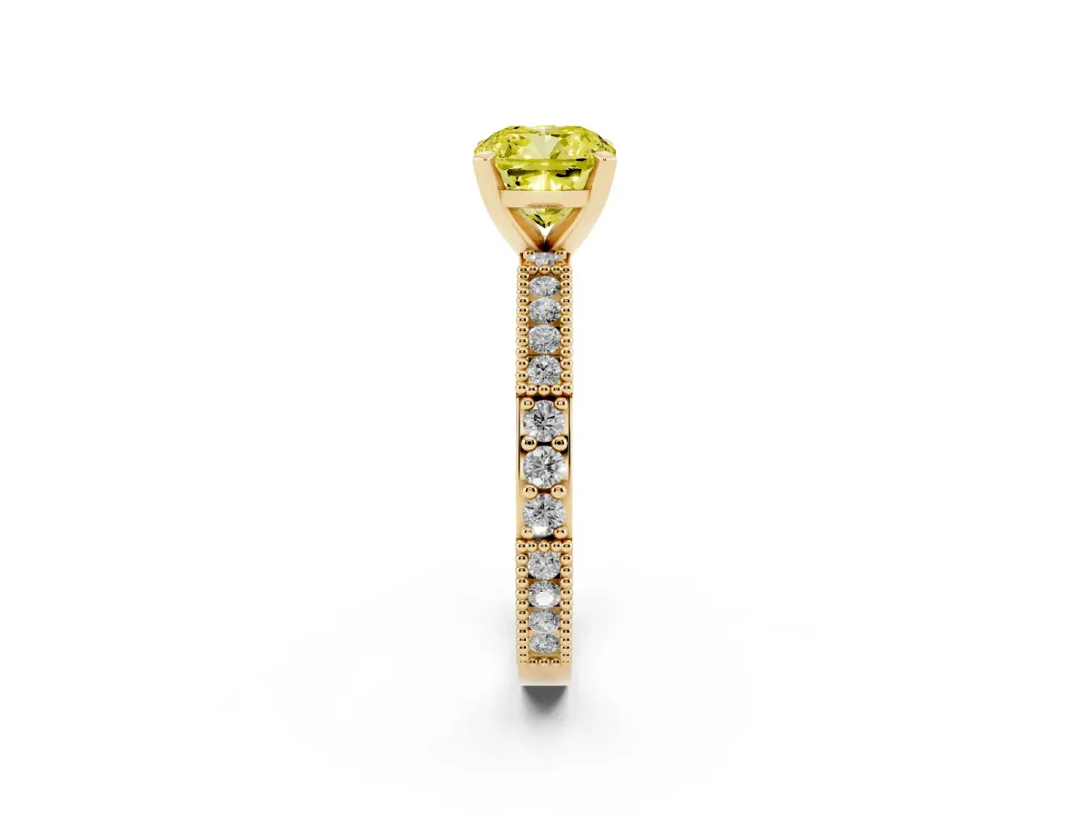Fancy Yellow Cushion Cut Solitaire with Pavé Band and Four-Prong Setting Yellow gold