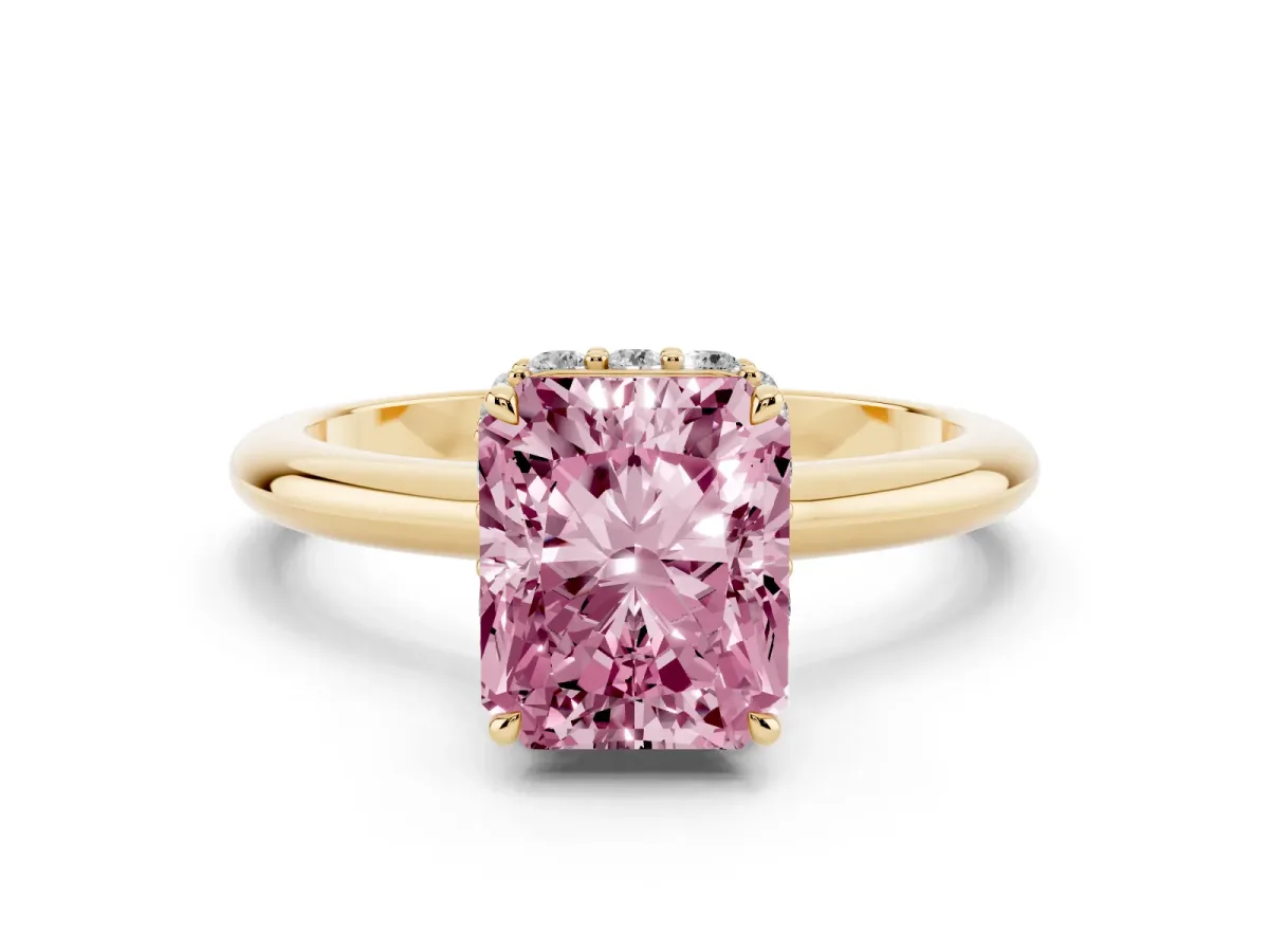Fancy Pink Radiant Cut Brilliant Solitaire Engagement Ring with Six-Prong Setting and Classic Band Yellow gold
