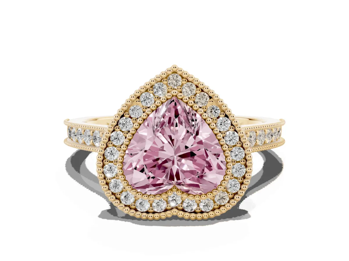 Fancy Pink Halo Heart Cut-Cut Diamond Pave Band Milgrain Prong Setting Ring Yellow gold