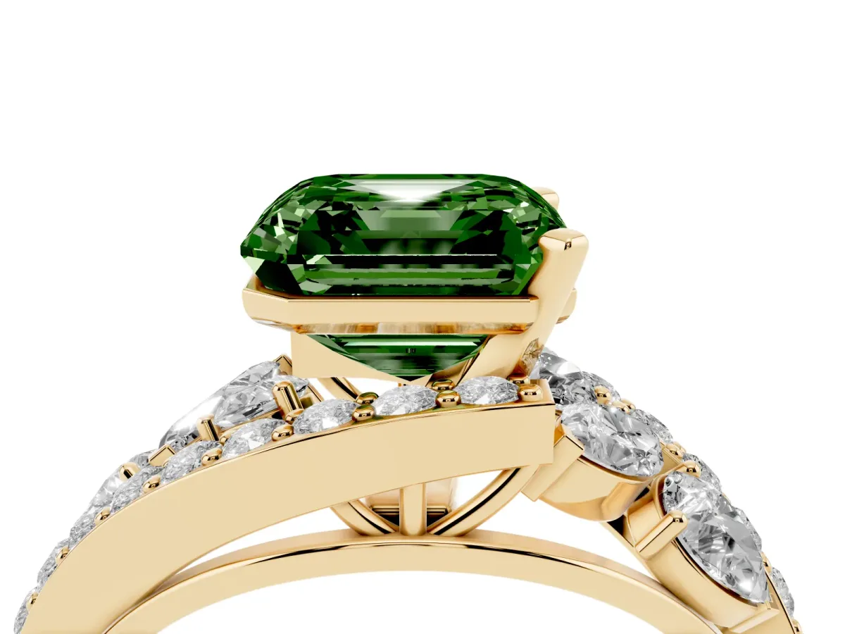 Fancy Green Asscher Cut Diamond Halo Ring with Marquise and Pavé Band in Prong Setting Yellow gold