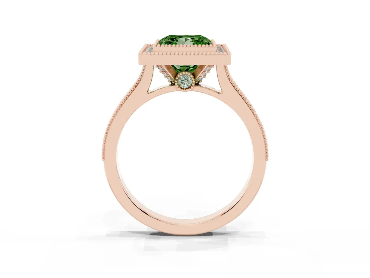 Fancy Green Halo Princess Cut-Cut Diamond Pave Band Milgrain Prong Setting Ring Rose gold