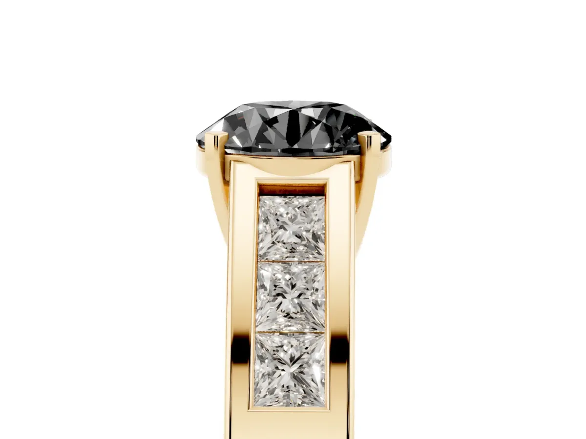 Fancy Black Round Cut Cut Channel Set Solitaire Ring with Four-Prong Setting Yellow gold