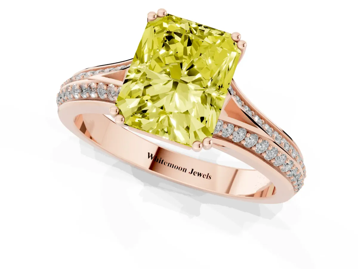 Fancy Yellow Radiant Cut Diamond Split Shank Engagement Ring with Pavé Band Rose gold