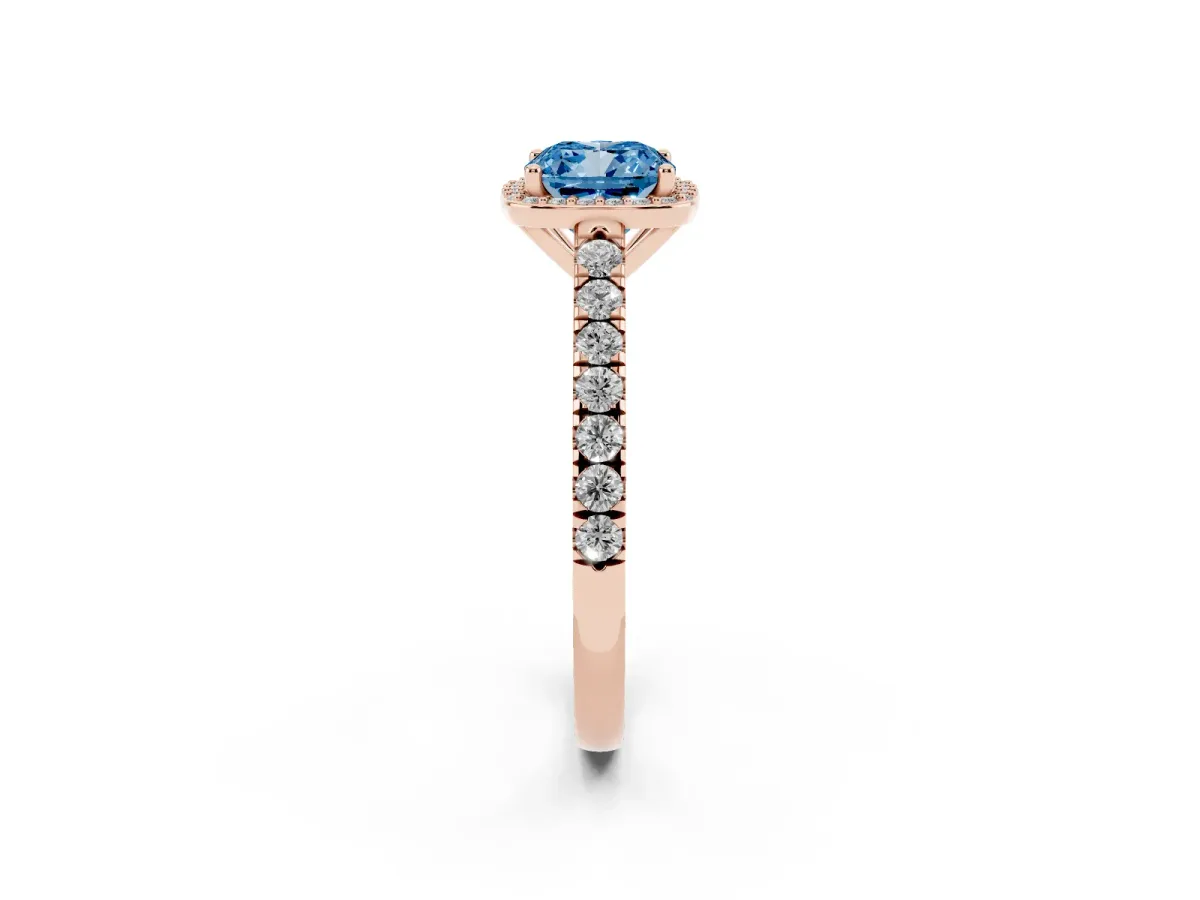 Fancy Blue Cushion Cut Cut Halo Diamond Engagement Ring with Pave Band and Four-Prong Setting Rose gold