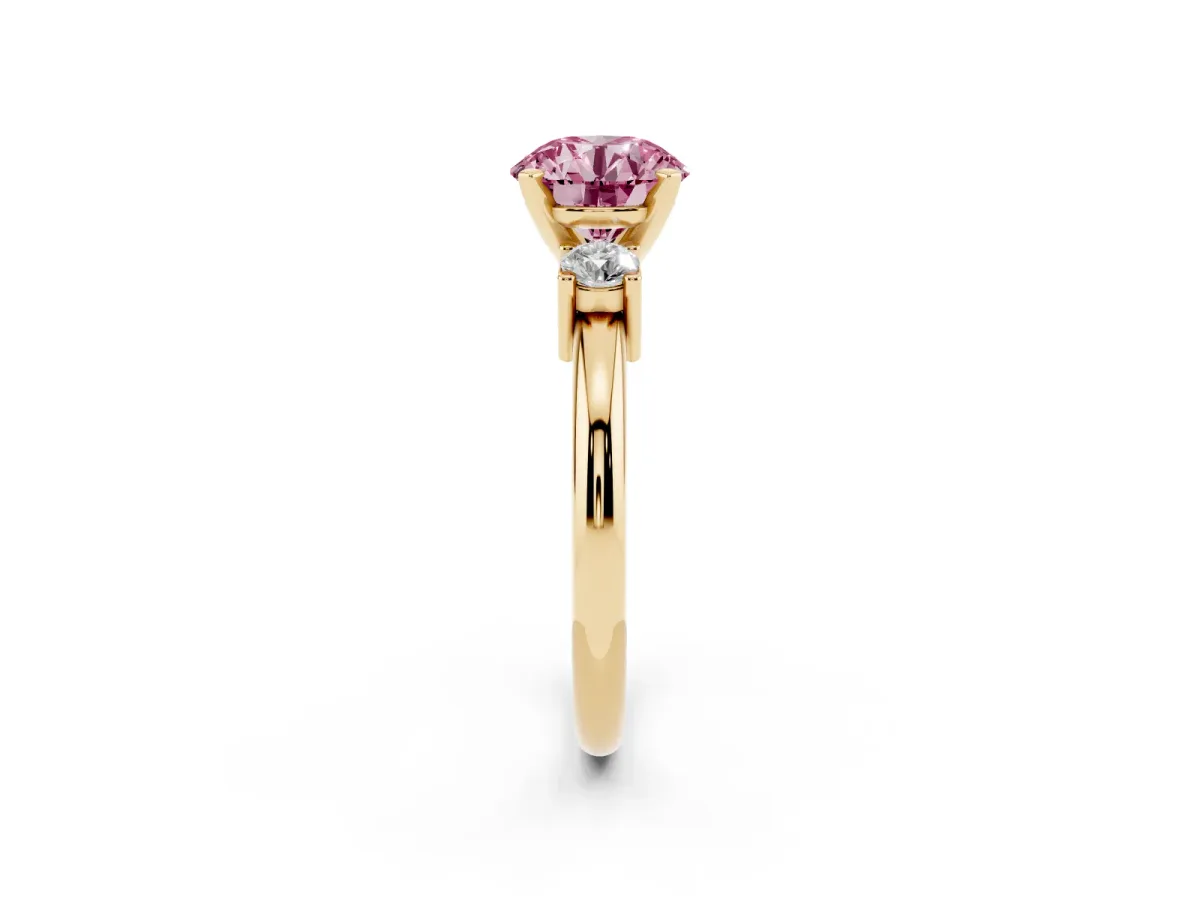Fancy Pink Three-Stone Round Cut Cut Diamond Solitaire with Prong Setting and Classic Band Yellow gold