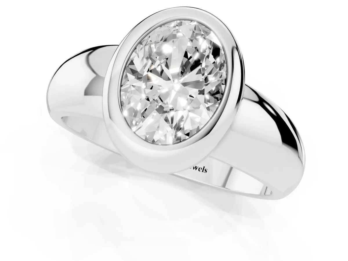 Bezel Set Oval Cut Solitaire Ring with Wide Band Silver