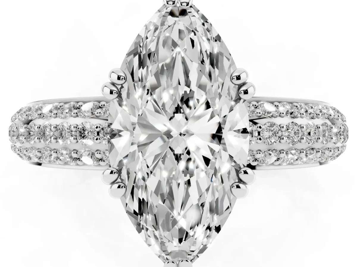 Marquise Cut Diamond Solitaire Ring with Multi-Row Round Pavé Band and Prong Setting Silver