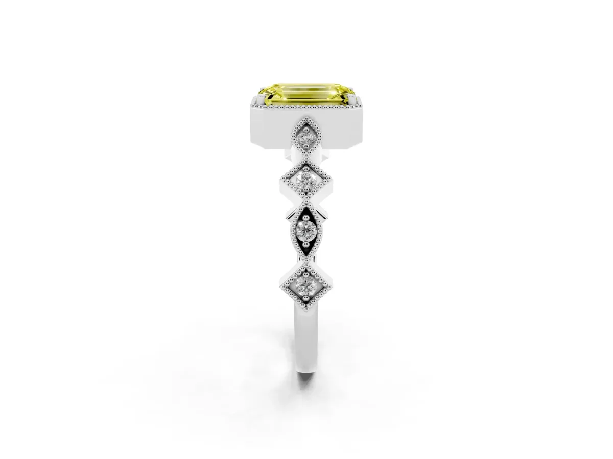 Fancy Yellow Emerald Cut Milgrain Marquise Diamond Twist Band Ring Silver