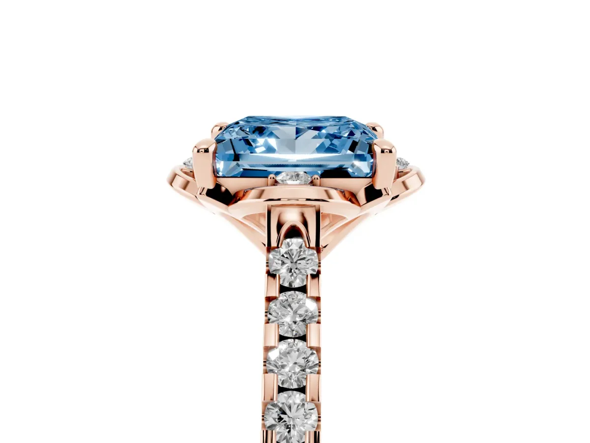 Fancy Blue Princess Cut Diamond Ring with Pavé Band and Floral Prong Setting Rose gold