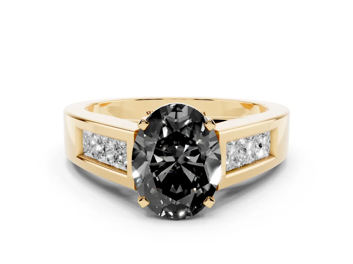 Fancy Black Oval Cut Cut Channel Set Solitaire Ring with Four-Prong Setting Yellow gold