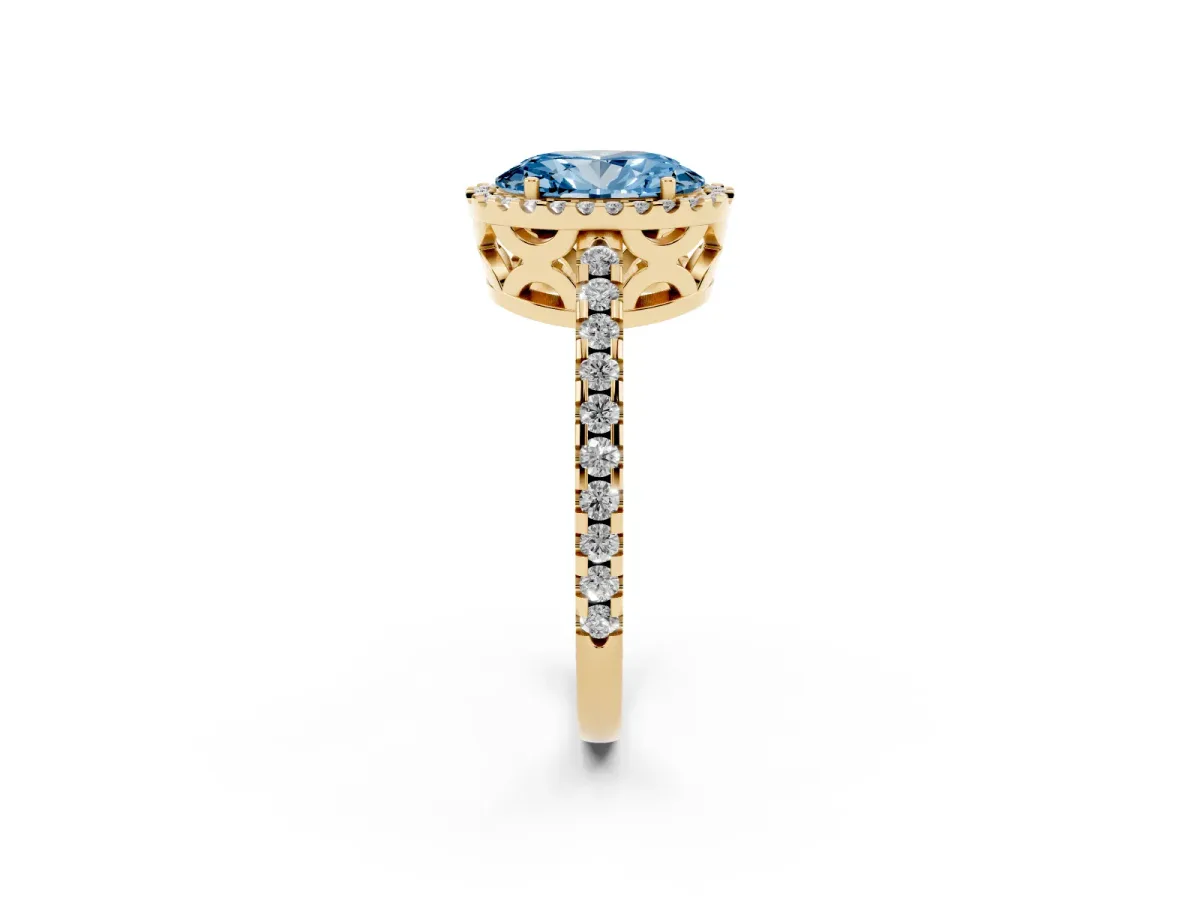 Fancy Blue Oval Cut Diamond Halo Engagement Ring with Pavé Band and Prong Setting Yellow gold