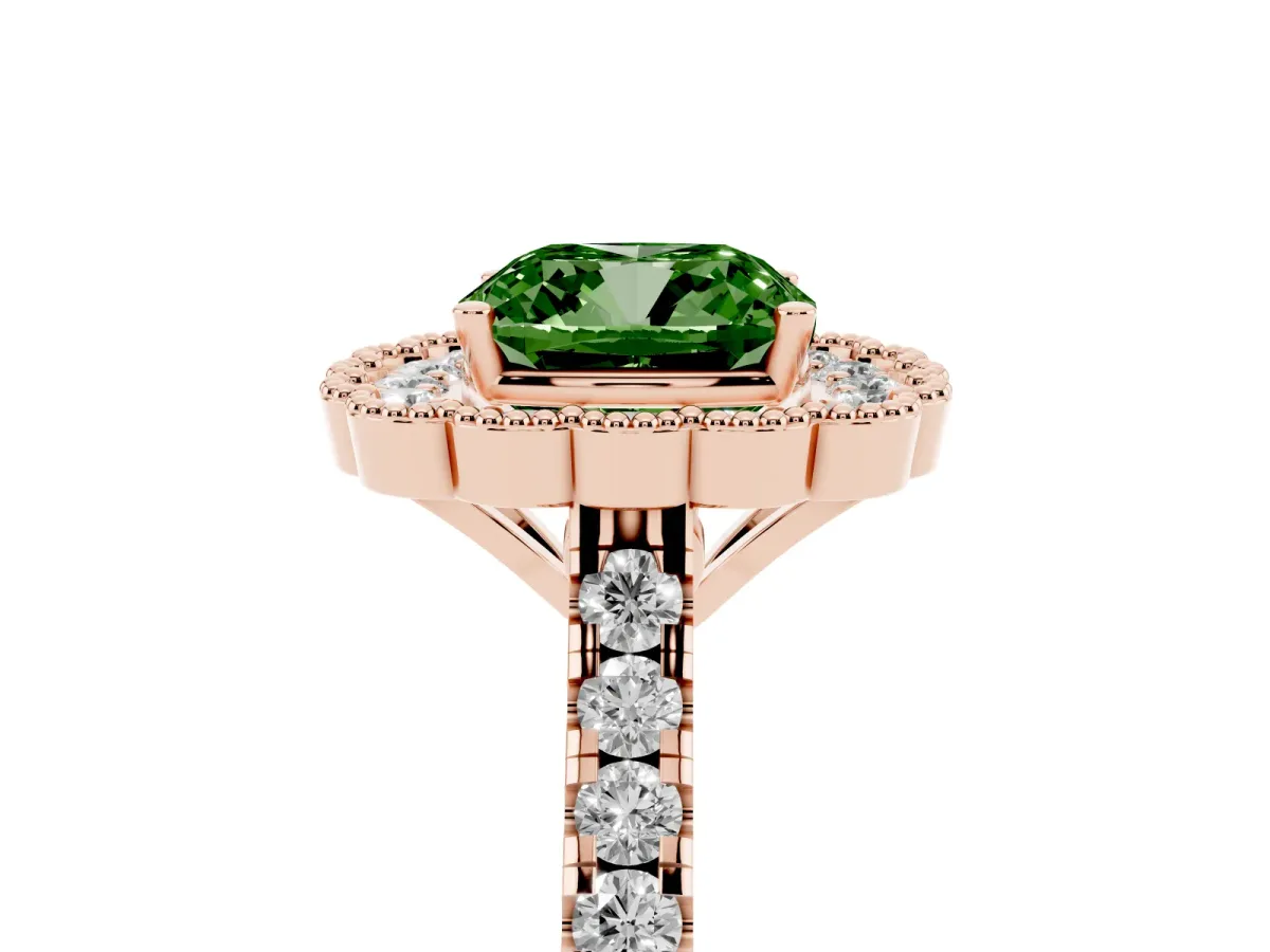 Fancy Green Cushion Cut Cut Diamond Milgrain Floral Halo Engagement Ring with Pavé Band Rose gold