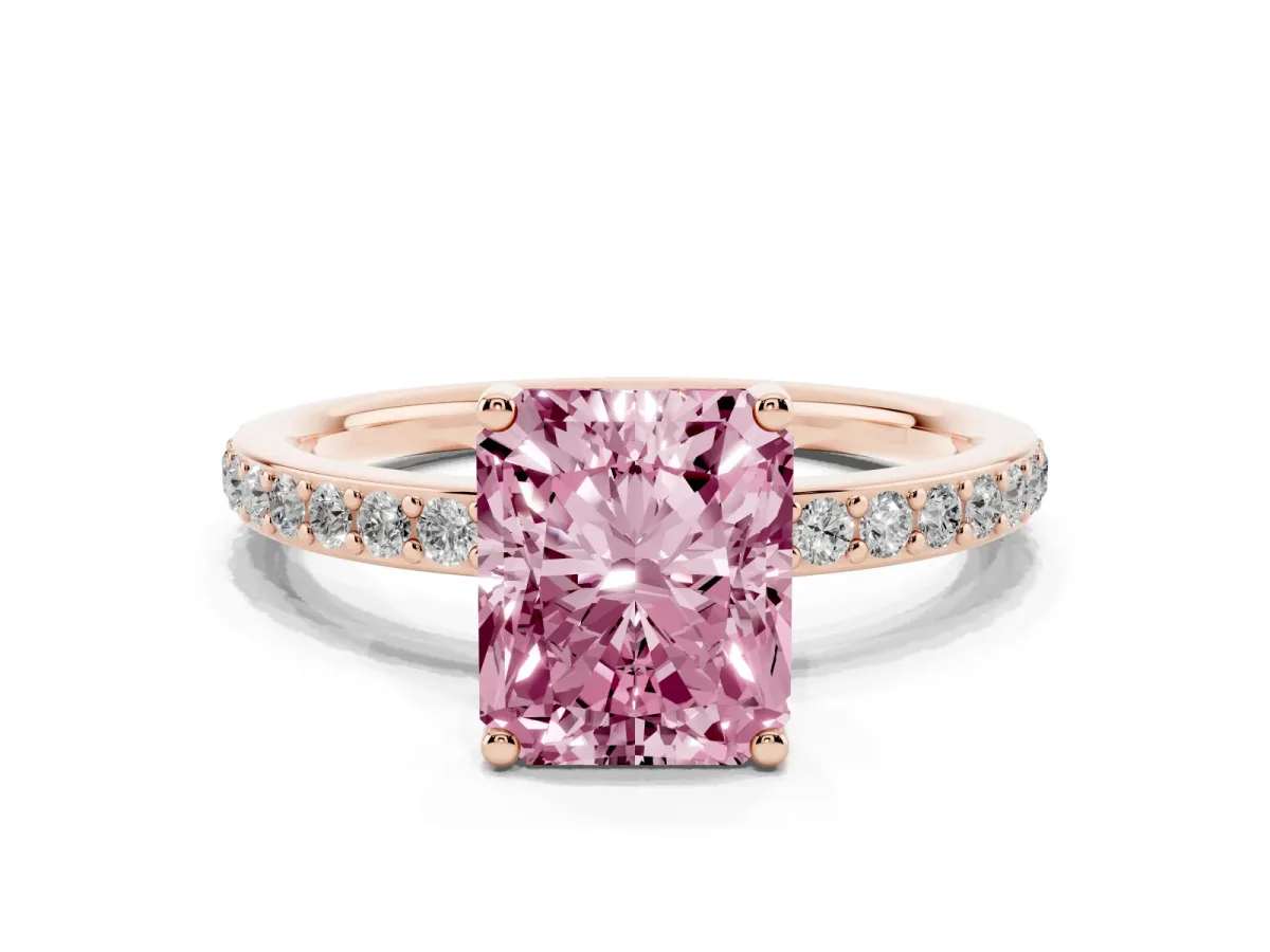 Fancy Pink Radiant Cut Cut Diamond Pavé Band Ring with Four-Prong Setting Rose gold