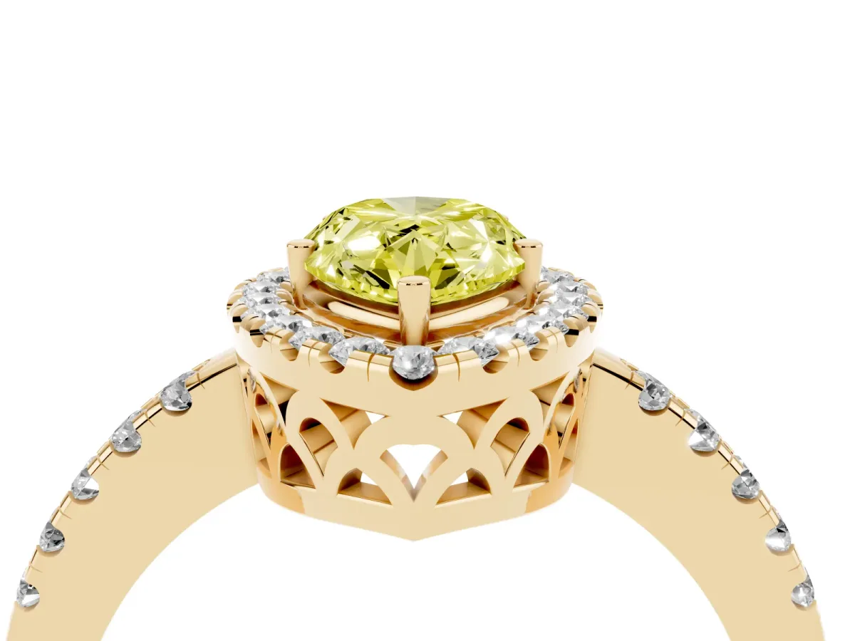 Fancy Yellow Pear Cut Halo Diamond Engagement Ring with Pavé Band and Four-Prong Setting Yellow gold