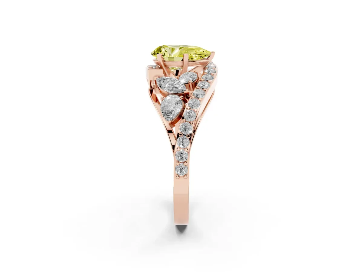 Fancy Yellow Pear Cut Diamond Halo Ring with Marquise and Pavé Band in Prong Setting Rose gold